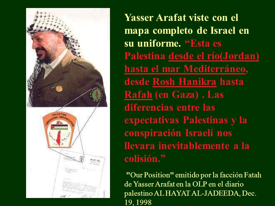 Yasser Arafat viste con el mapa completo de Israel en su uniforme
