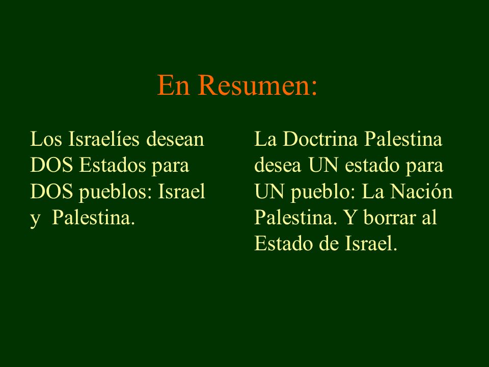 Los Israelíes desean DOS Estados para DOS pueblos: Israel y Palestina.