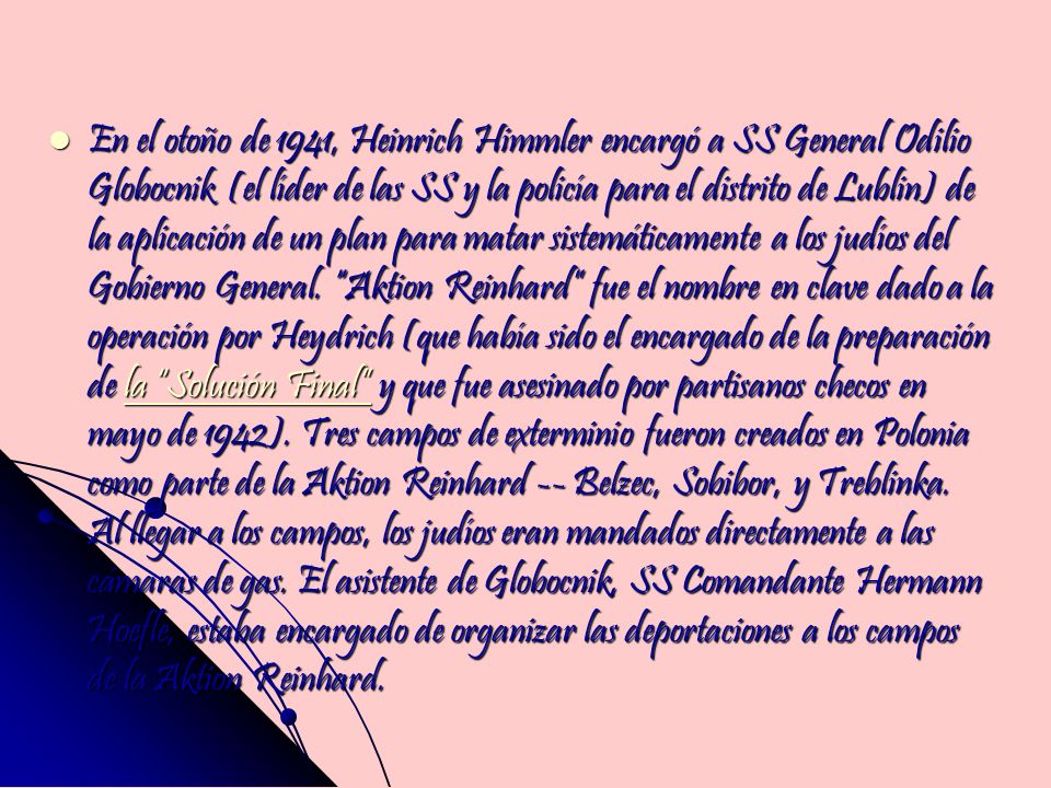 En el otoño de 1941, Heinrich Himmler encargó a SS General Odilio Globocnik (el líder de las SS y la policía para el distrito de Lublin) de la aplicación de un plan para matar sistemáticamente a los judíos del Gobierno General.