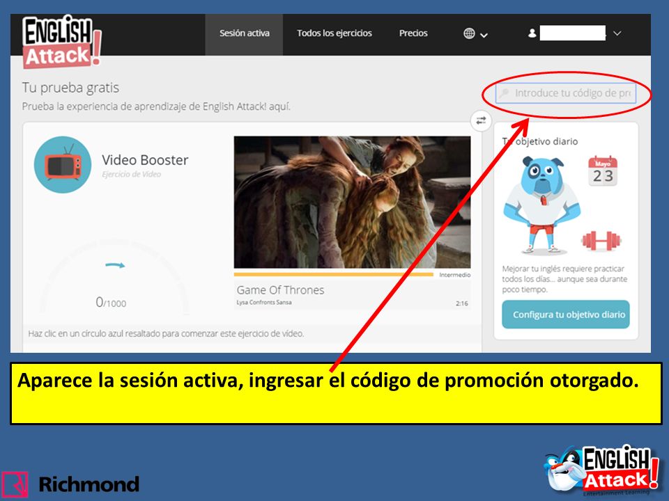 Aparece la sesión activa, ingresar el código de promoción otorgado.