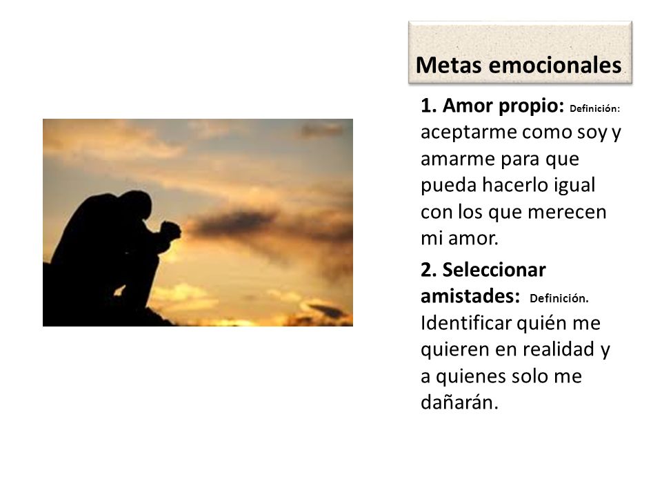 Metas emocionales 1. Amor propio: Definición: aceptarme como soy y amarme para que pueda hacerlo igual con los que merecen mi amor.