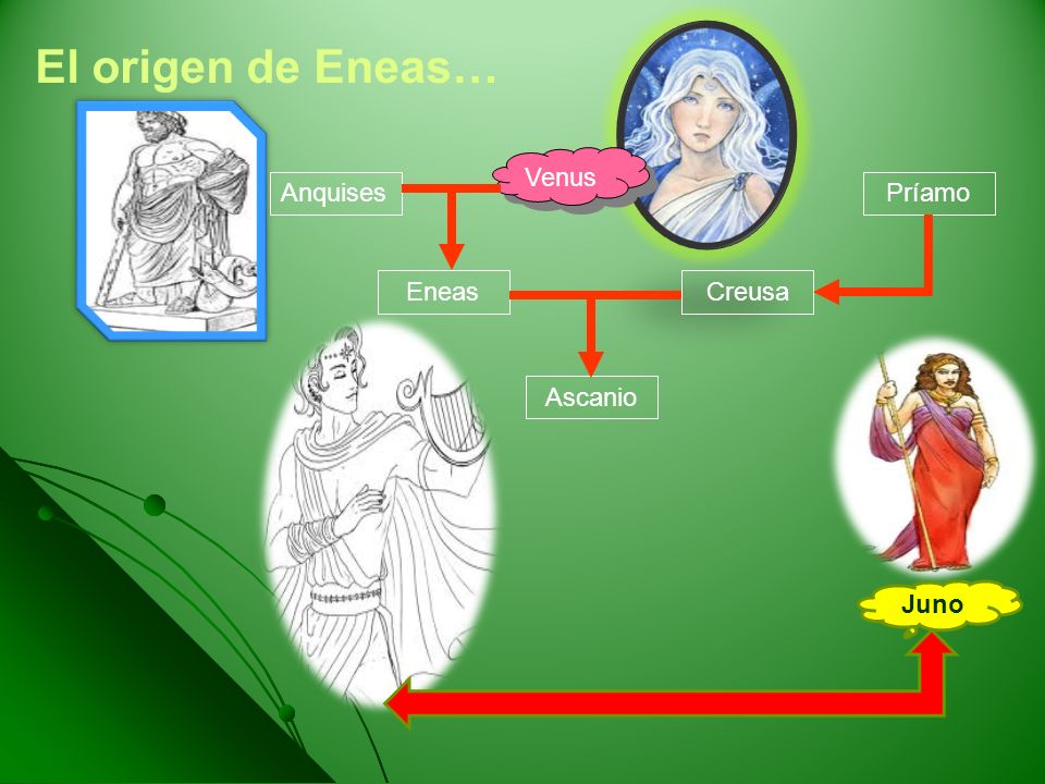 El origen de Eneas… Anquises Venus Eneas Creusa Príamo Ascanio Juno