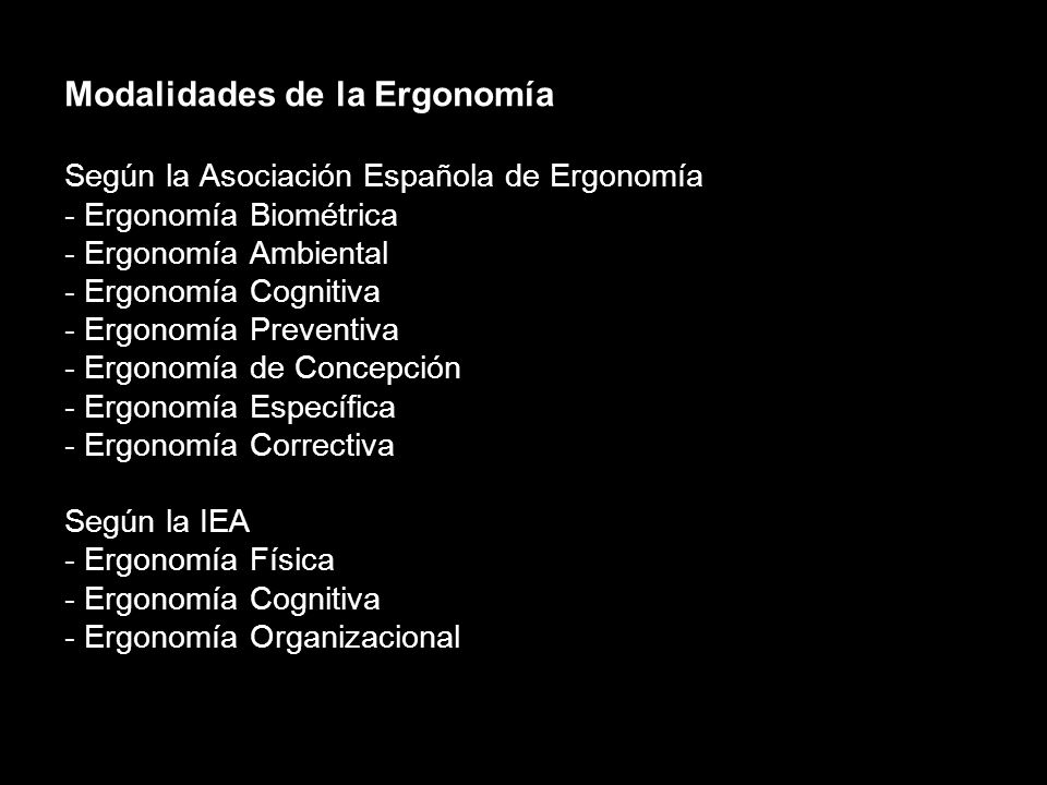 Modalidades de la Ergonomía Según la Asociación Española de Ergonomía - Ergonomía Biométrica - Ergonomía Ambiental - Ergonomía Cognitiva - Ergonomía Preventiva - Ergonomía de Concepción - Ergonomía Específica - Ergonomía Correctiva Según la IEA - Ergonomía Física - Ergonomía Cognitiva - Ergonomía Organizacional