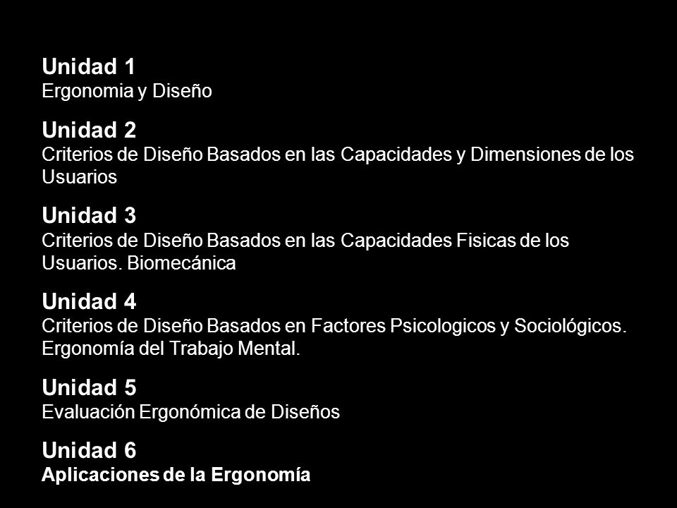 Unidad 1 Ergonomia y Diseño Unidad 2 Criterios de Diseño Basados en las Capacidades y Dimensiones de los Usuarios Unidad 3 Criterios de Diseño Basados en las Capacidades Fisicas de los Usuarios.
