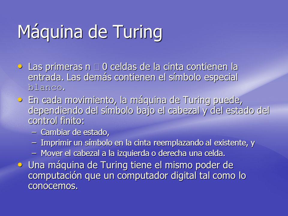 Máquina de Turing Las primeras n ³ 0 celdas de la cinta contienen la entrada. Las demás contienen el símbolo especial blanco.