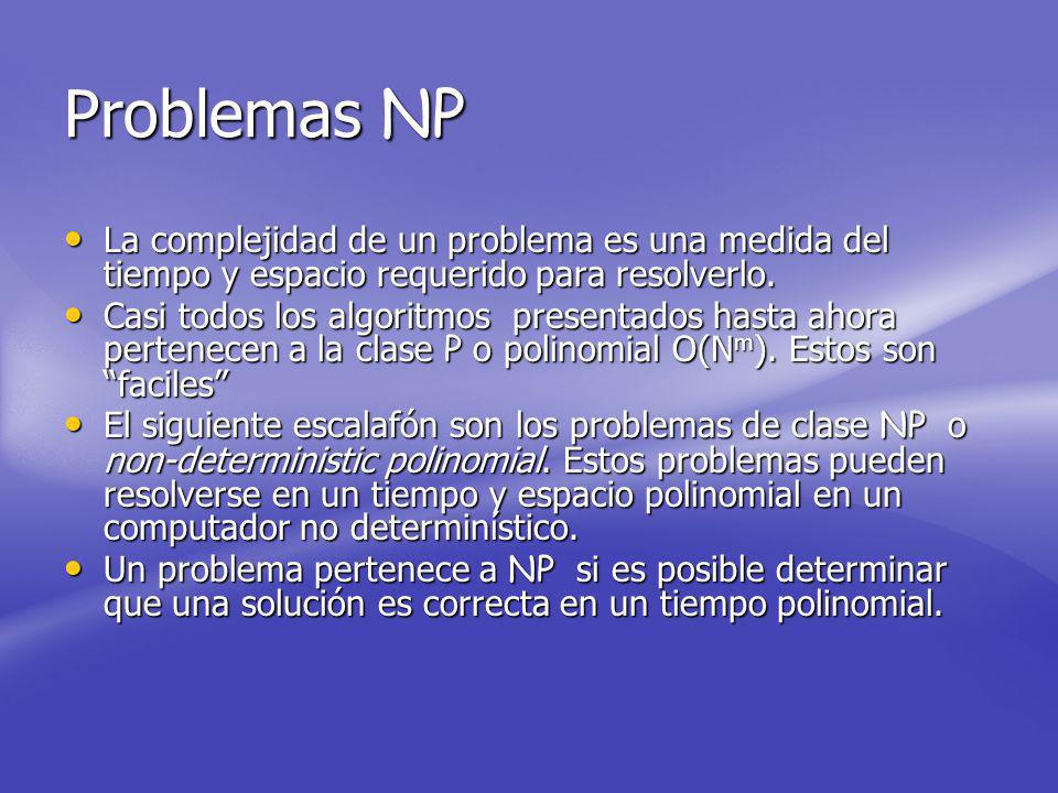Problemas NP La complejidad de un problema es una medida del tiempo y espacio requerido para resolverlo.