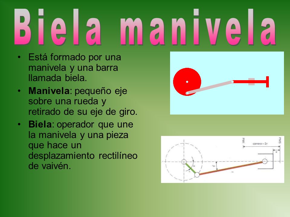 Biela manivela Está formado por una manivela y una barra llamada biela. Manivela: pequeño eje sobre una rueda y retirado de su eje de giro.