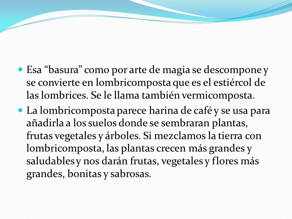 Esa basura como por arte de magia se descompone y se convierte en lombricomposta que es el estiércol de las lombrices. Se le llama también vermicomposta.