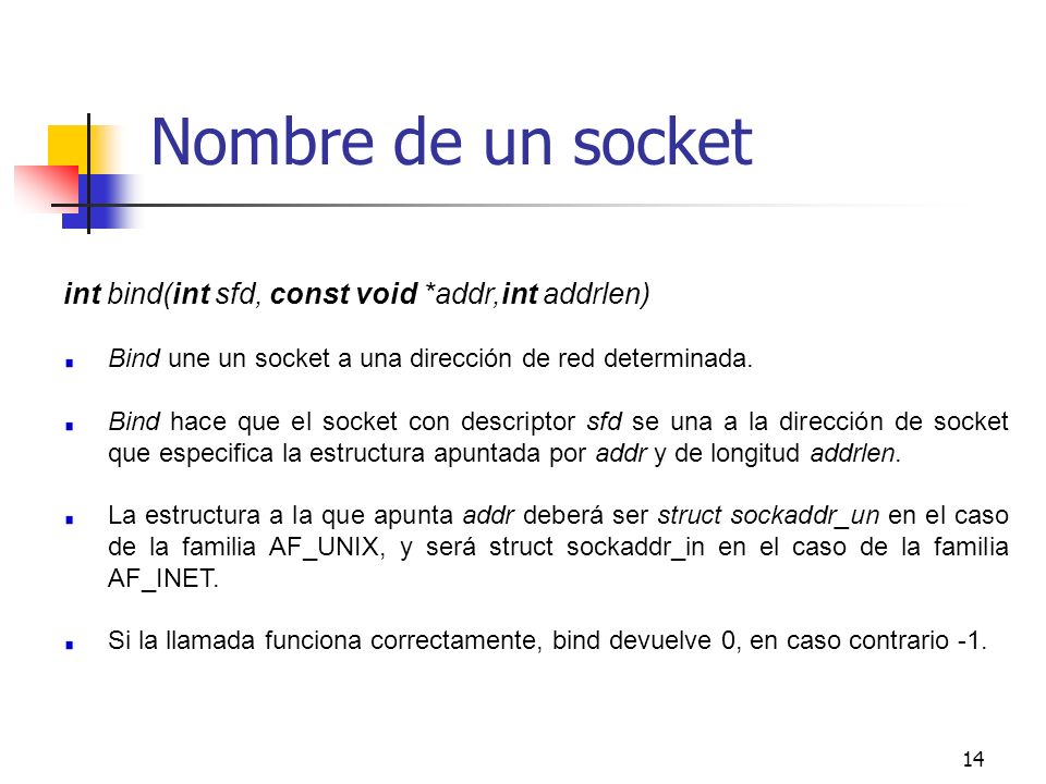 Nombre de un socket int bind(int sfd, const void *addr,int addrlen)
