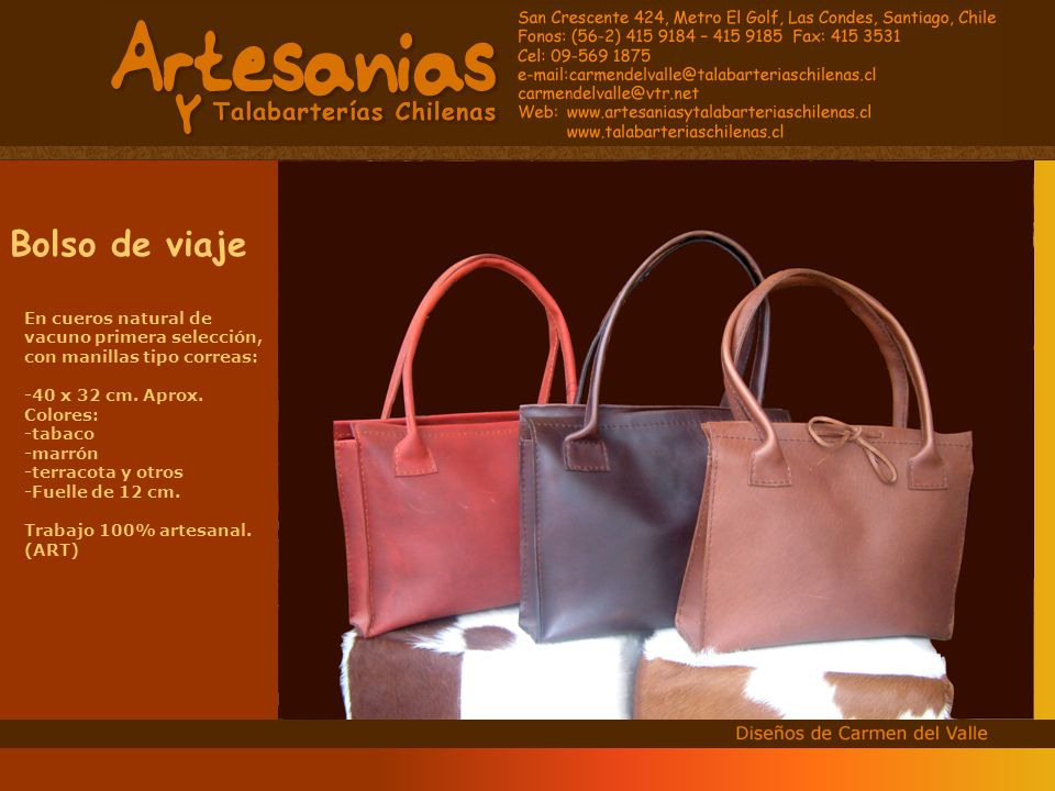 Bolso de viaje En cueros natural de vacuno primera selección, con manillas tipo correas: -40 x 32 cm. Aprox. Colores: