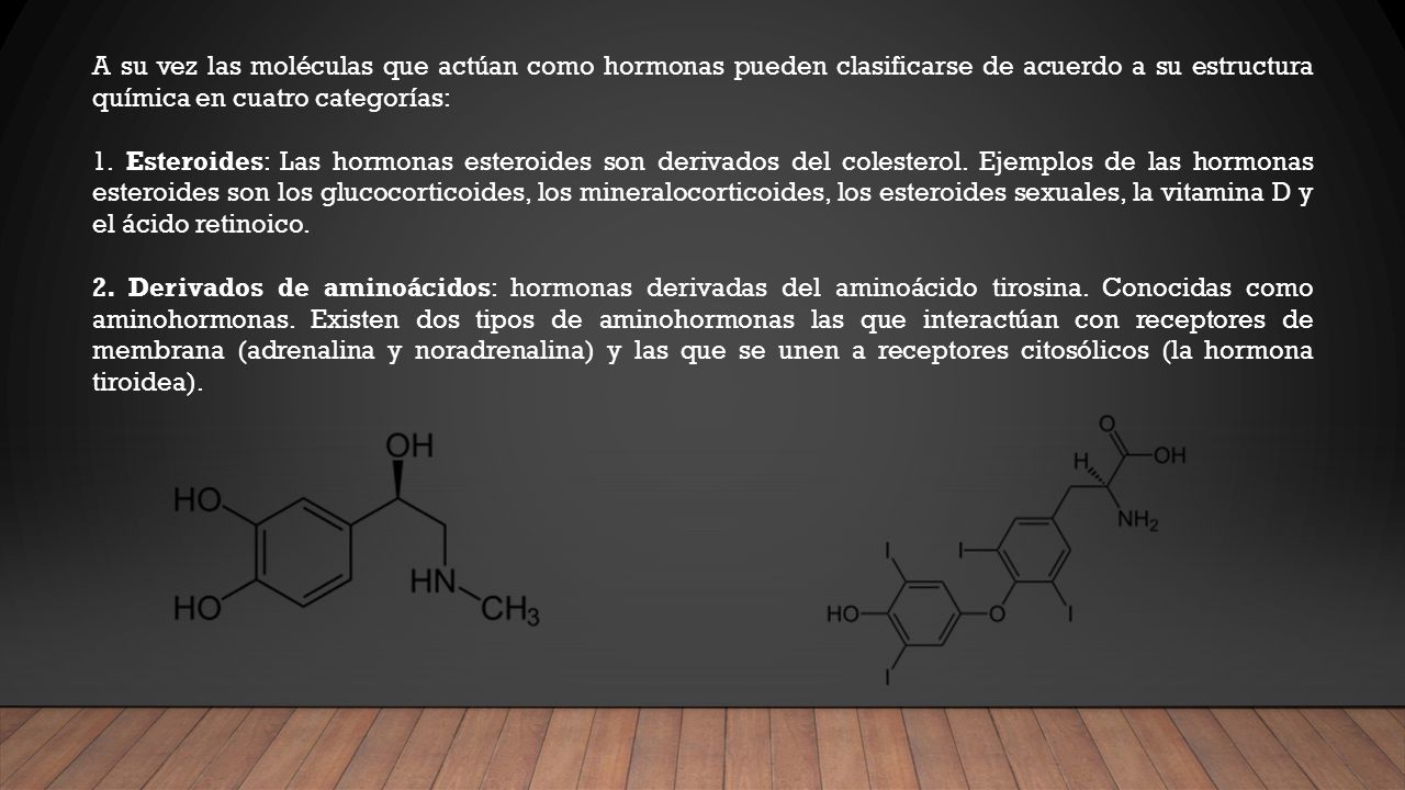 A su vez las moléculas que actúan como hormonas pueden clasificarse de acuerdo a su estructura química en cuatro categorías: