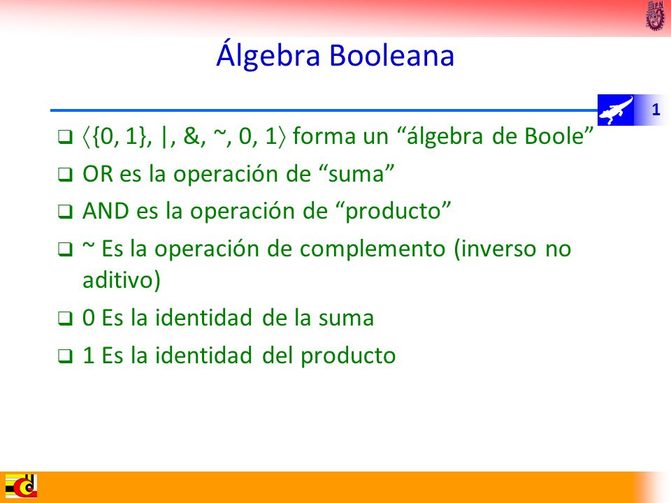 Álgebra Booleana {0, 1}, |, &, ~, 0, 1 forma un álgebra de Boole