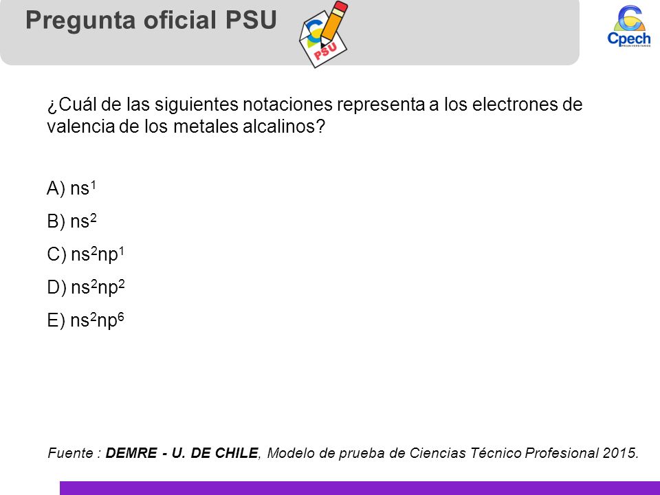 Pregunta oficial PSU ¿Cuál de las siguientes notaciones representa a los electrones de valencia de los metales alcalinos