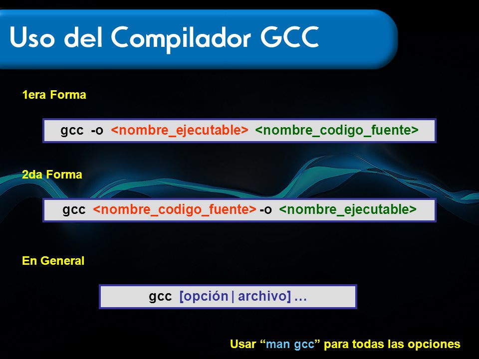 gcc -o <nombre_ejecutable> <nombre_codigo_fuente>