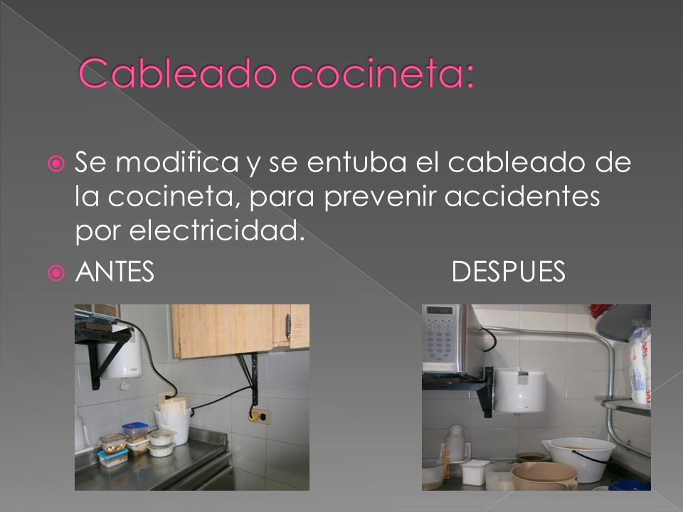 Cableado cocineta: Se modifica y se entuba el cableado de la cocineta, para prevenir accidentes por electricidad.