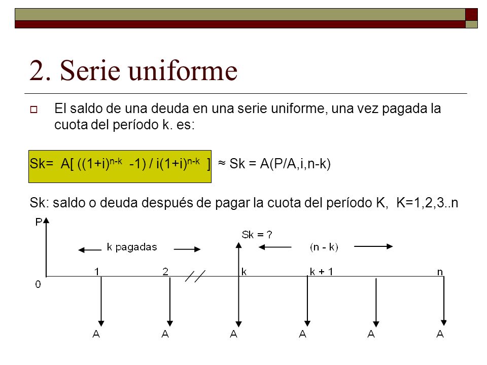 2. Serie uniforme El saldo de una deuda en una serie uniforme, una vez pagada la cuota del período k. es: