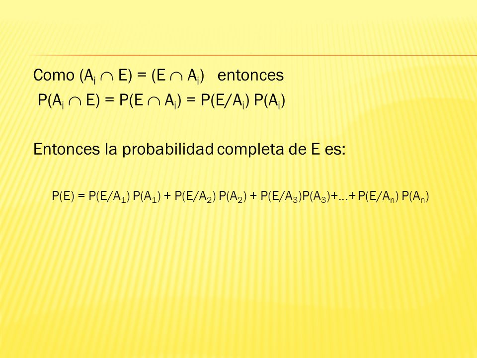 P(E) = P(E/A1) P(A1) + P(E/A2) P(A2) + P(E/A3)P(A3)+...+ P(E/An) P(An)