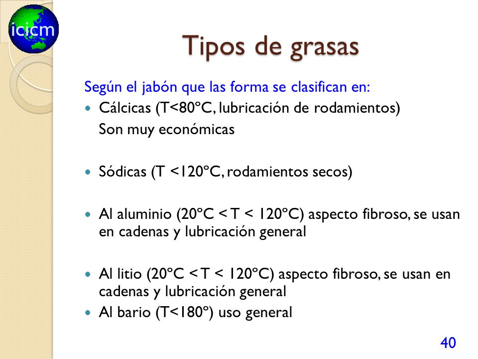 Tipos de grasas Según el jabón que las forma se clasifican en: