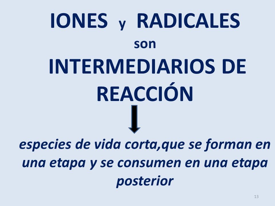 IONES y RADICALES son INTERMEDIARIOS DE REACCIÓN especies de vida corta,que se forman en una etapa y se consumen en una etapa posterior