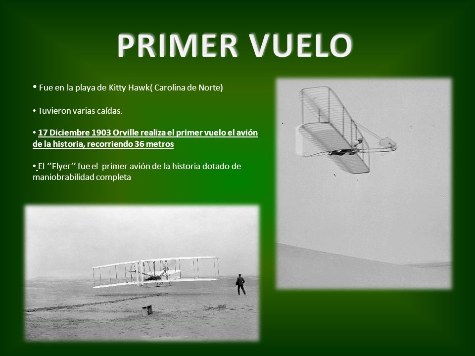 PRIMER VUELO Fue en la playa de Kitty Hawk( Carolina de Norte)