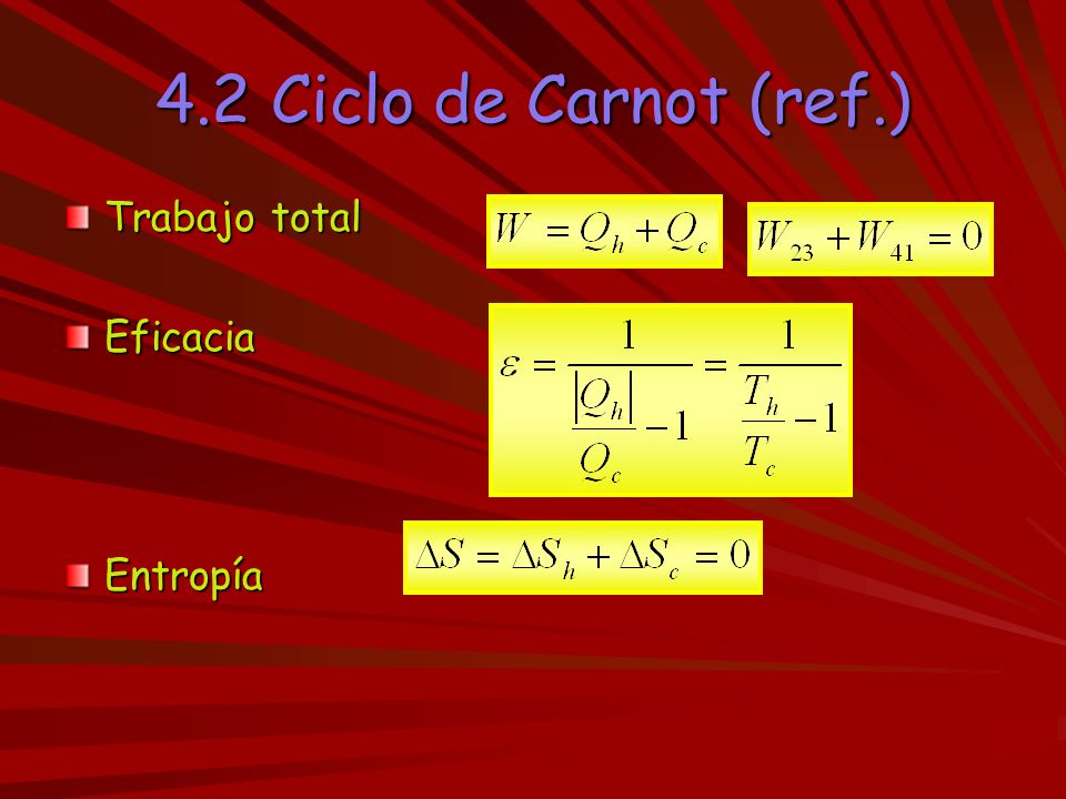 4.2 Ciclo de Carnot (ref.) Trabajo total Eficacia Entropía