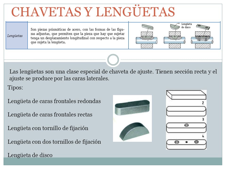 CHAVETAS Y LENGÜETAS Las lengüetas son una clase especial de chaveta de ajuste. Tienen sección recta y el ajuste se produce por las caras laterales.