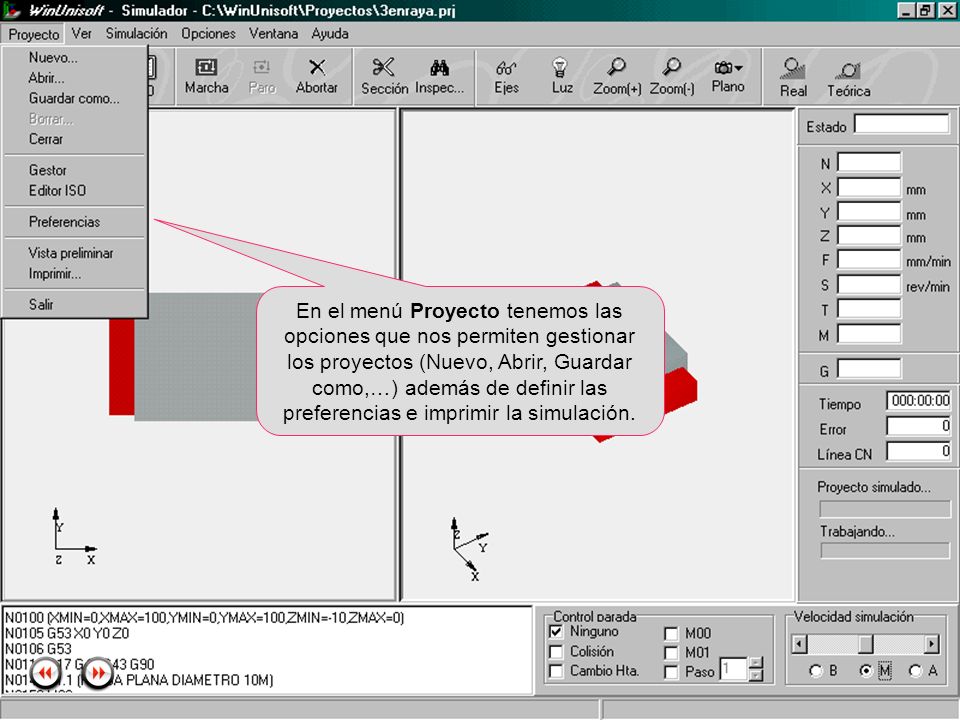 En el menú Proyecto tenemos las opciones que nos permiten gestionar los proyectos (Nuevo, Abrir, Guardar como,…) además de definir las preferencias e imprimir la simulación.