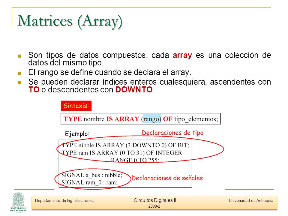 Matrices (Array) Son tipos de datos compuestos, cada array es una colección de datos del mismo tipo.