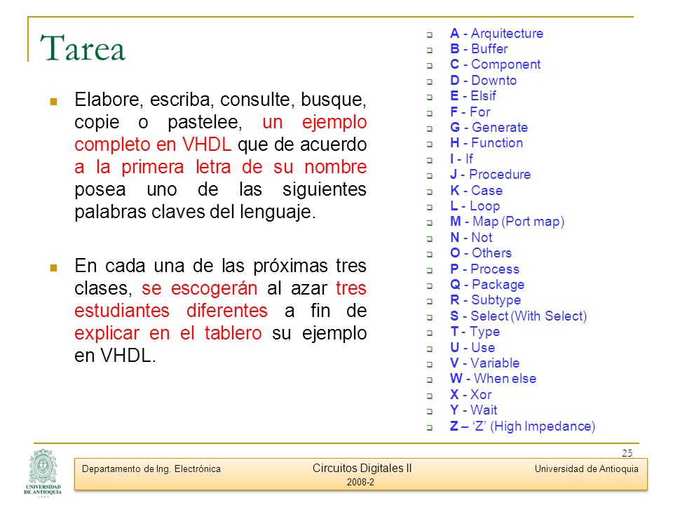 A - Arquitecture B - Buffer. C - Component. D - Downto. E - Elsif. F - For. G - Generate. H - Function.