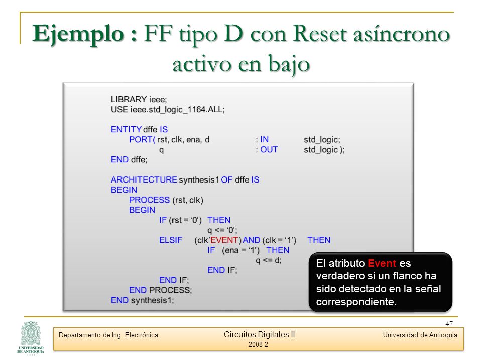 Ejemplo : FF tipo D con Reset asíncrono activo en bajo
