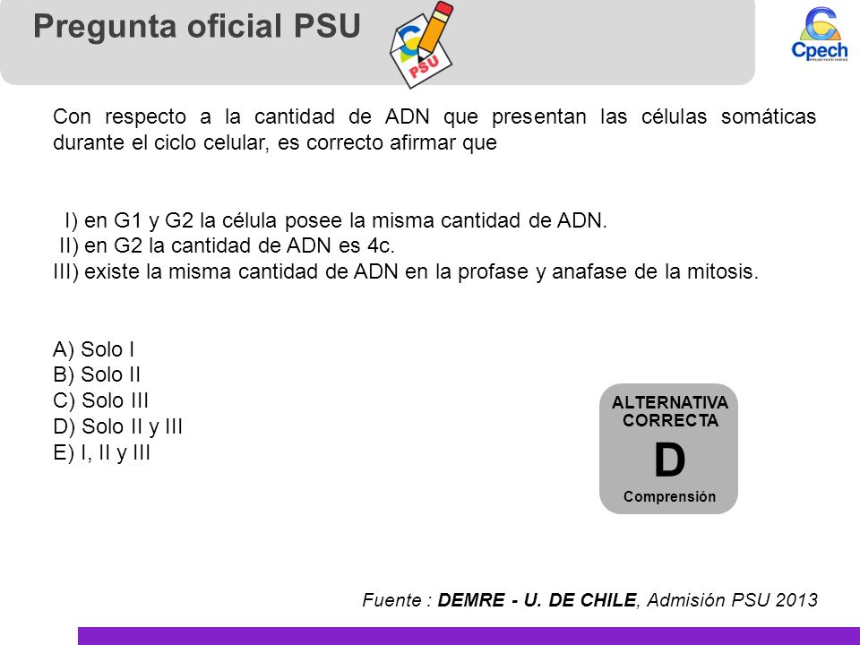 Pregunta oficial PSU Con respecto a la cantidad de ADN que presentan las células somáticas durante el ciclo celular, es correcto afirmar que.