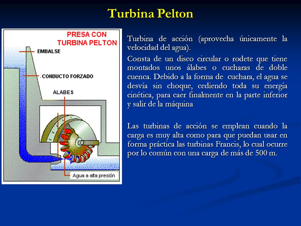 Turbina Pelton ALABES. Turbina de acción (aprovecha únicamente la velocidad del agua).