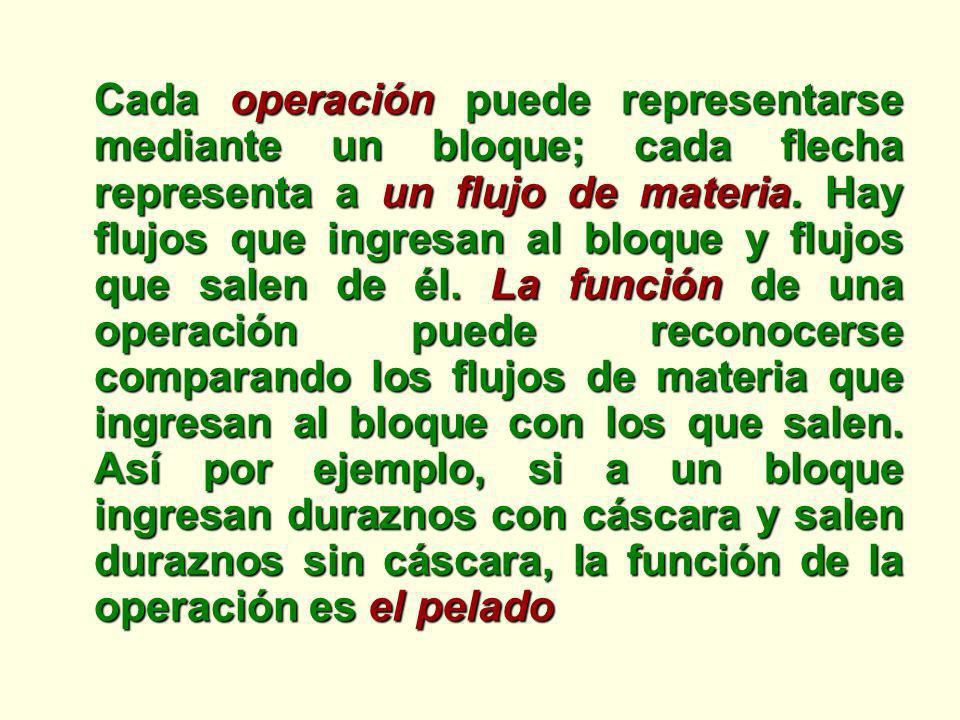 Cada operación puede representarse mediante un bloque; cada flecha representa a un flujo de materia.