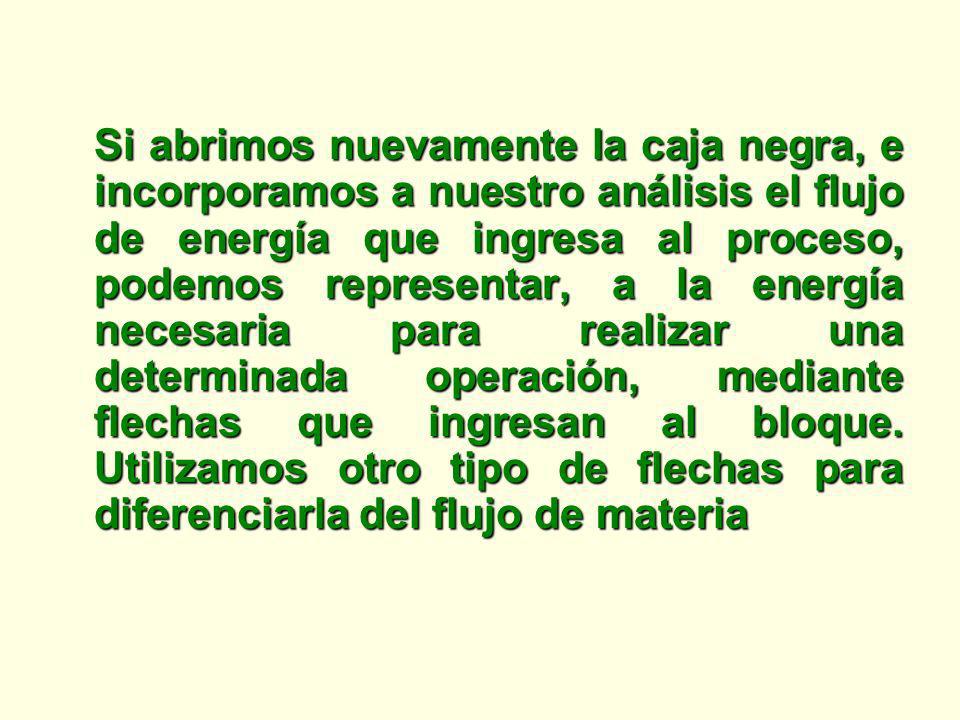 Si abrimos nuevamente la caja negra, e incorporamos a nuestro análisis el flujo de energía que ingresa al proceso, podemos representar, a la energía necesaria para realizar una determinada operación, mediante flechas que ingresan al bloque.