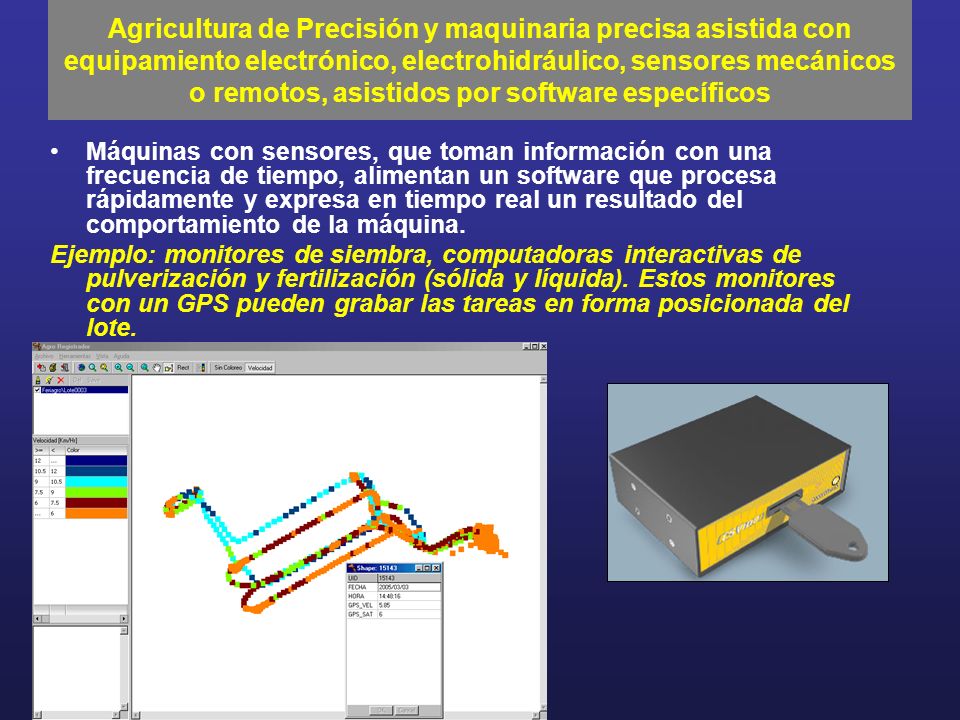 Agricultura de Precisión y maquinaria precisa asistida con equipamiento electrónico, electrohidráulico, sensores mecánicos o remotos, asistidos por software específicos