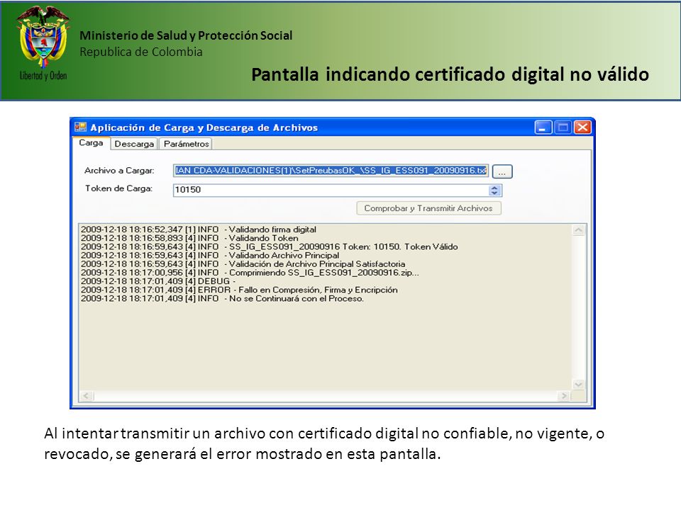 Pantalla indicando certificado digital no válido