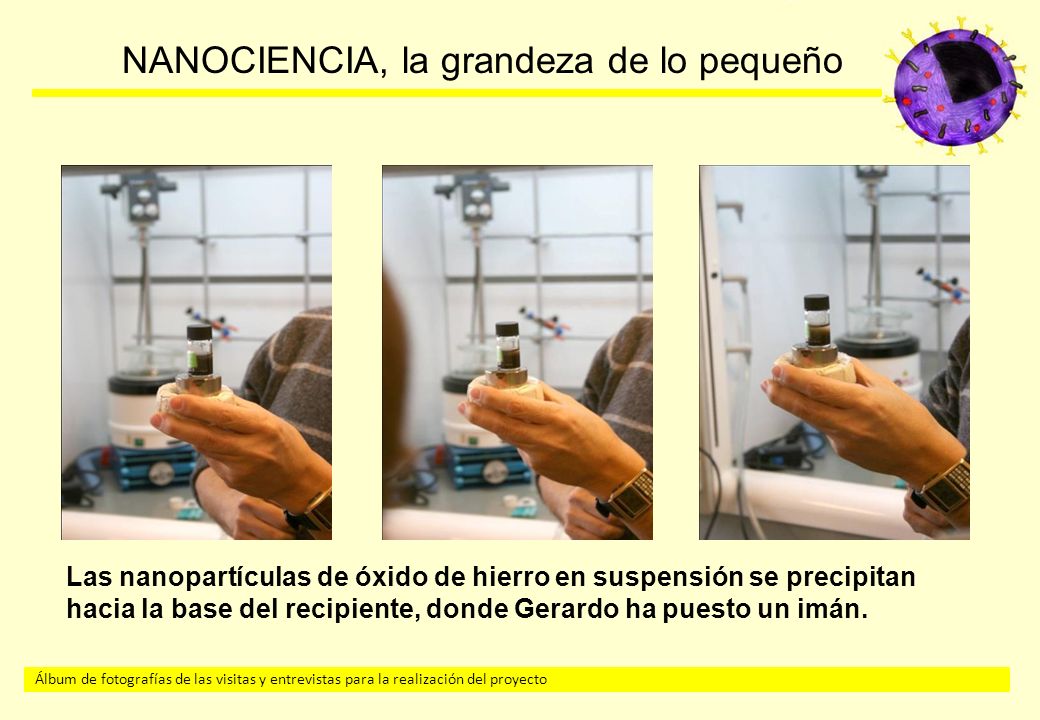Las nanopartículas de óxido de hierro en suspensión se precipitan hacia la base del recipiente, donde Gerardo ha puesto un imán.