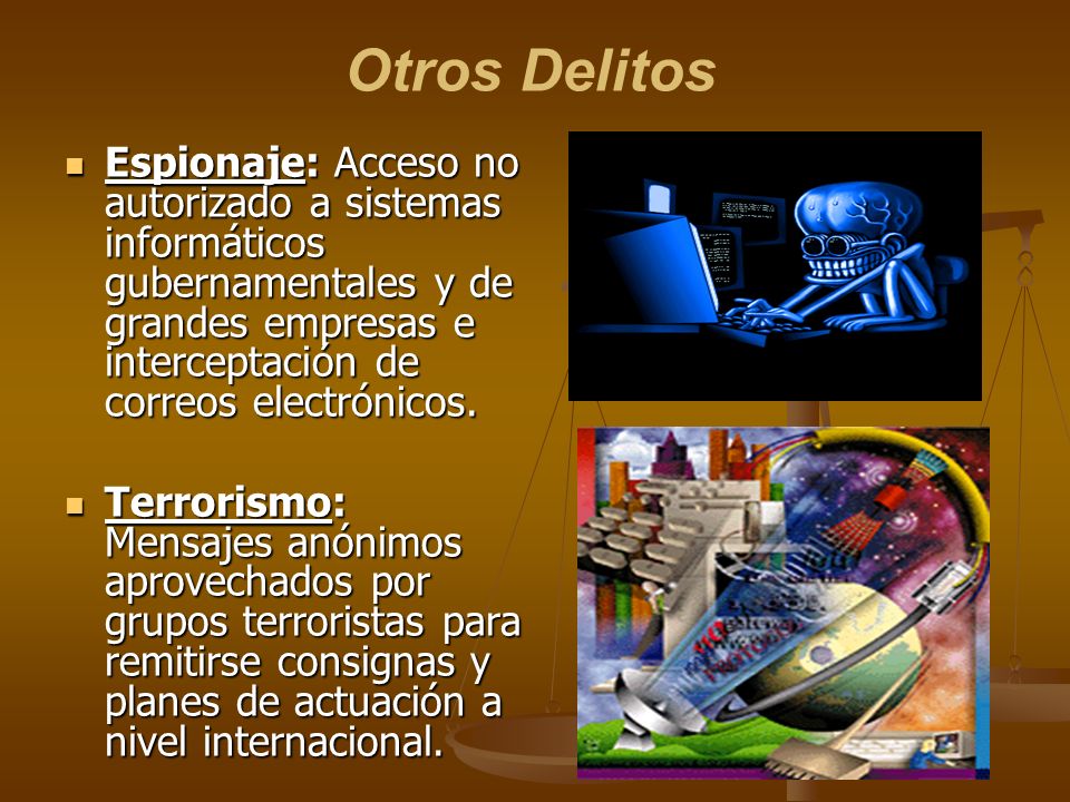 Otros Delitos Espionaje: Acceso no autorizado a sistemas informáticos gubernamentales y de grandes empresas e interceptación de correos electrónicos.