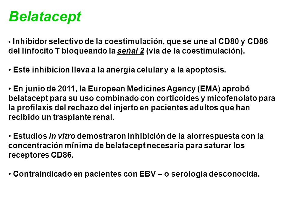 Belatacept Inhibidor selectivo de la coestimulación, que se une al CD80 y CD86 del linfocito T bloqueando la señal 2 (vía de la coestimulación).
