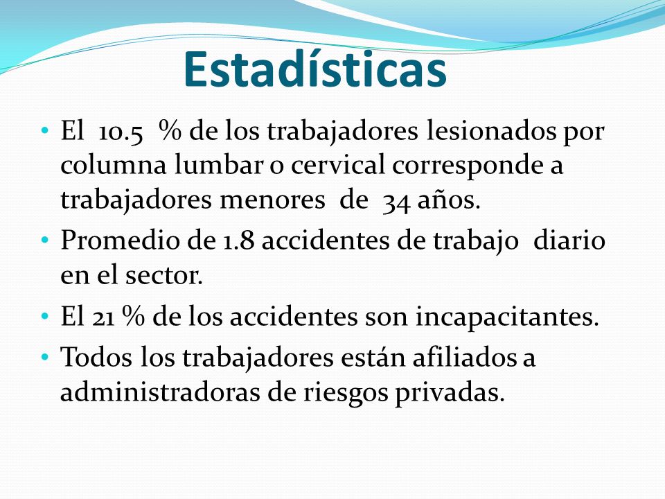 Estadísticas El 10.5 % de los trabajadores lesionados por columna lumbar o cervical corresponde a trabajadores menores de 34 años.