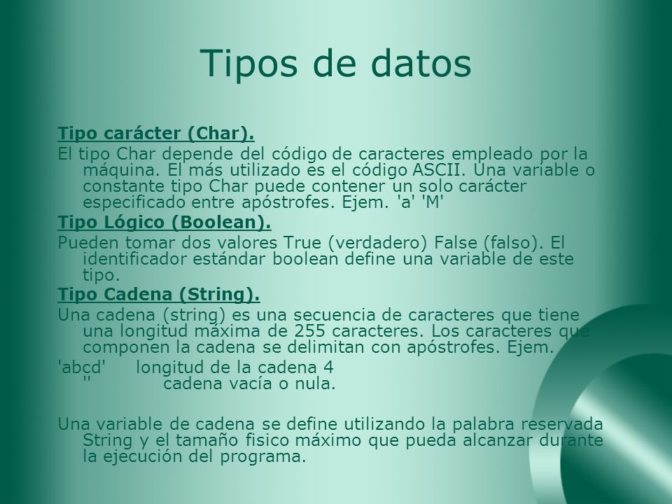 Tipos de datos Tipo carácter (Char).