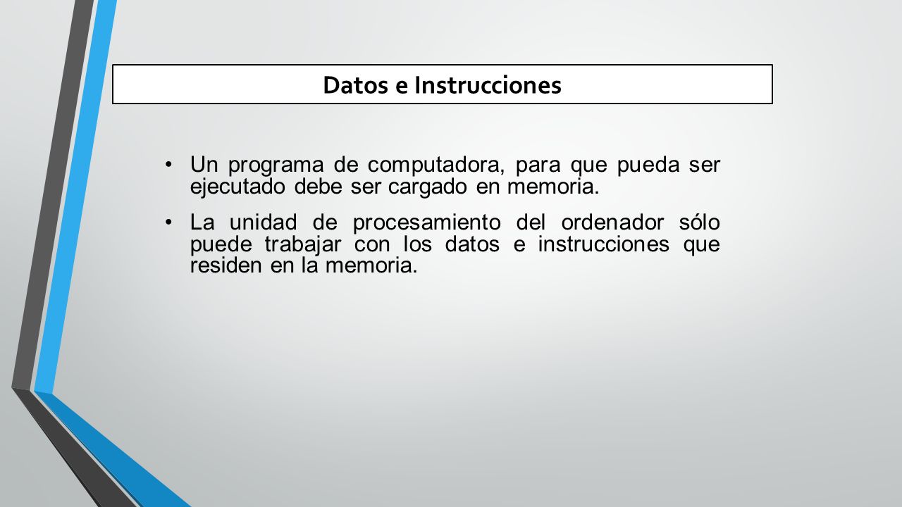 Datos e Instrucciones Un programa de computadora, para que pueda ser ejecutado debe ser cargado en memoria.