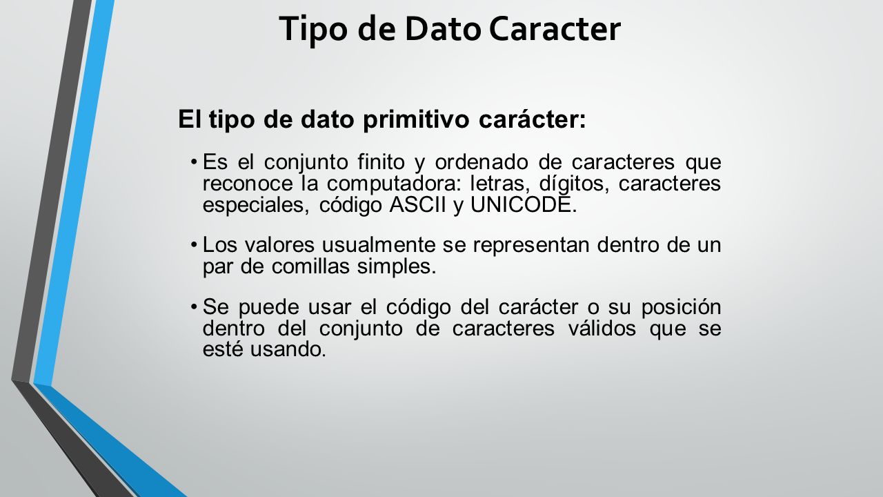 Tipo de Dato Caracter El tipo de dato primitivo carácter: