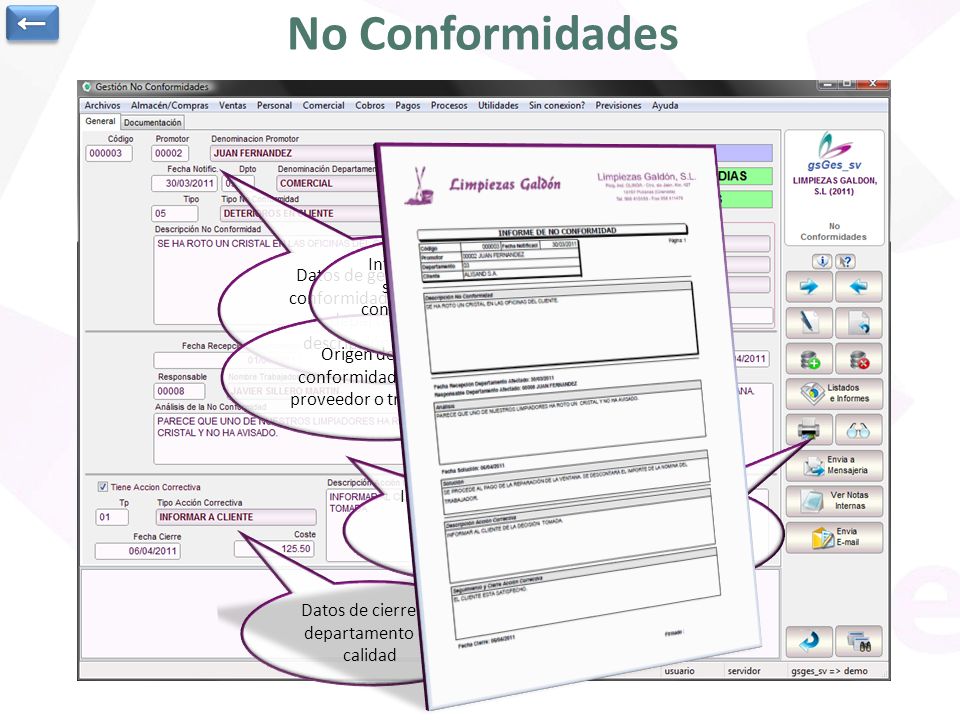 ← No Conformidades. Datos de generación de la no conformidad: promotor, fecha, departamento, tipo, descripción, plazo previsto.