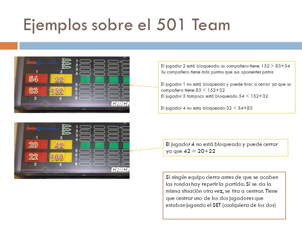 Ejemplos sobre el 501 Team El jugador 2 está bloqueado: su compañero tiene 152 > Su compañero tiene más puntos que sus oponentes juntos.