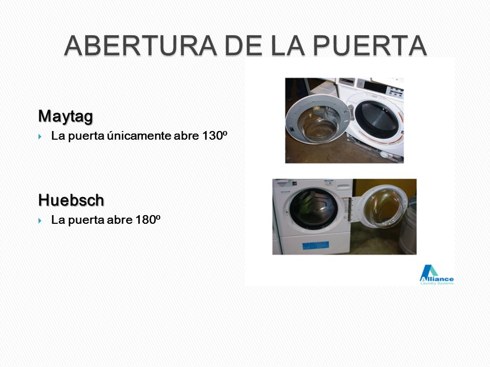 ABERTURA DE LA PUERTA Maytag Huebsch La puerta únicamente abre 130º