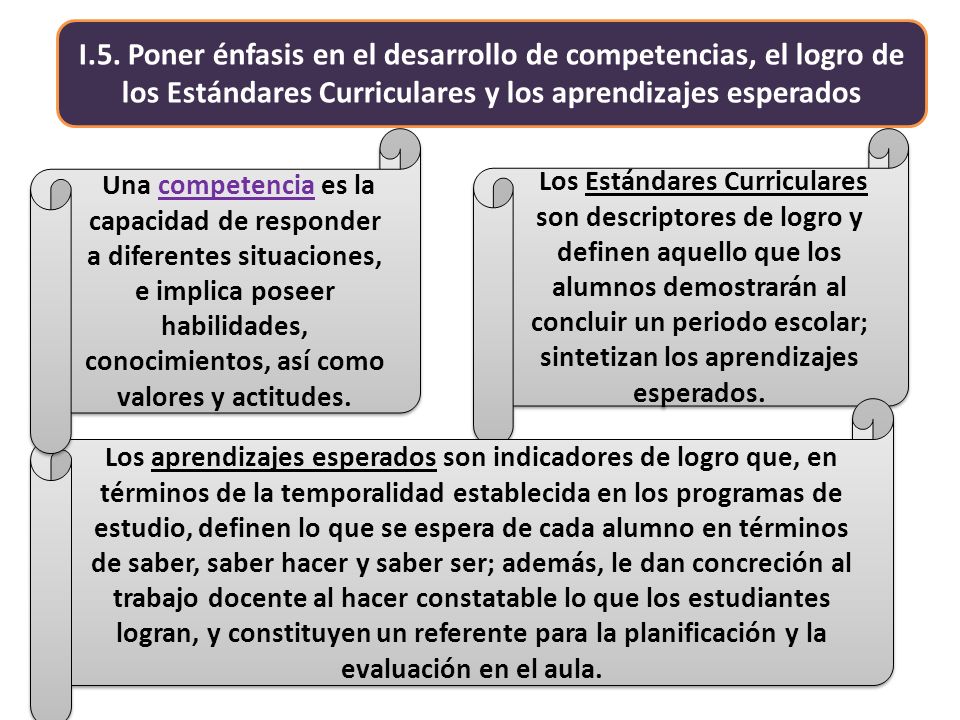 I.5. Poner énfasis en el desarrollo de competencias, el logro de los Estándares Curriculares y los aprendizajes esperados