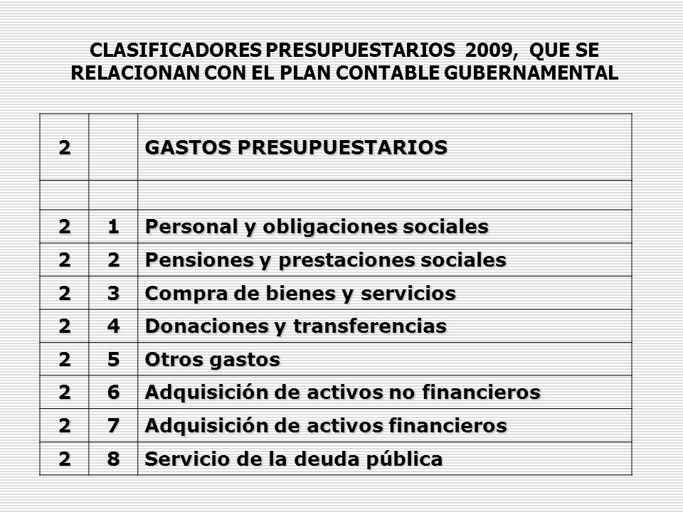 CLASIFICADORES PRESUPUESTARIOS 2009, QUE SE RELACIONAN CON EL PLAN CONTABLE GUBERNAMENTAL
