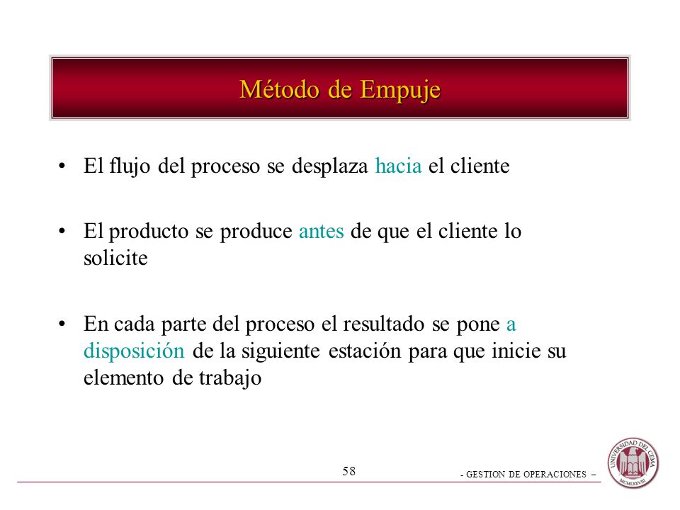 Método de Empuje El flujo del proceso se desplaza hacia el cliente