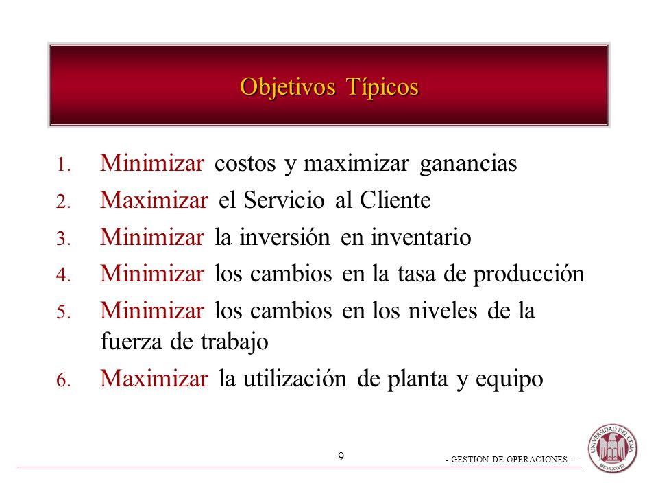Objetivos Típicos Minimizar costos y maximizar ganancias. Maximizar el Servicio al Cliente. Minimizar la inversión en inventario.
